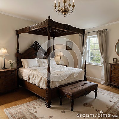 Furnished bedroom within former victorian rectory with ornate carved four poster bed and matching period sideboard drawers, chaise Stock Photo