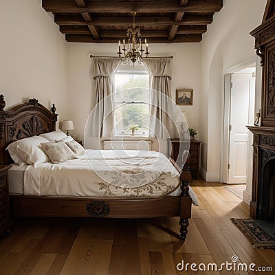 Furnished bedroom within former victorian rectory with ornate carved four poster bed and matching period sideboard drawers, chaise Stock Photo