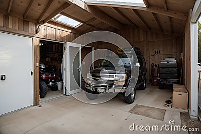 Home suburban countryside modern car and ATV double garage interior with wooden shelf, tools and equipment stuff storage warehouse Stock Photo