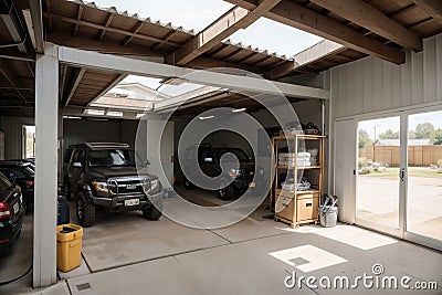 Home suburban countryside modern car and ATV double garage interior with wooden shelf, tools and equipment stuff storage warehouse Stock Photo