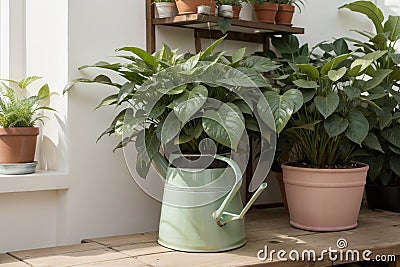 Smiling watering fresh plants at home Stock Photo