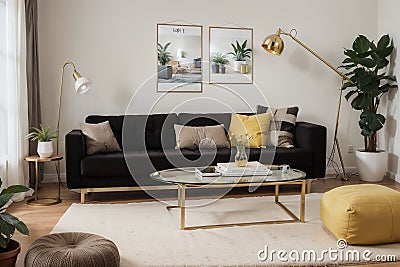 Stylish interior of living room with design furniture, gold pouf, plant, mock up poster frames, carpet, accessoreis and beautiful Stock Photo