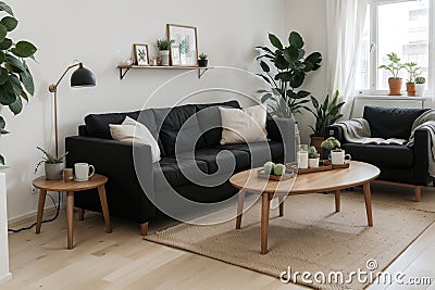 Stylish Scandic living room interior - sofa, armchair, coffee table, plants in pots, lamp, home decorations. Cozy Autumn. Modern c Cartoon Illustration
