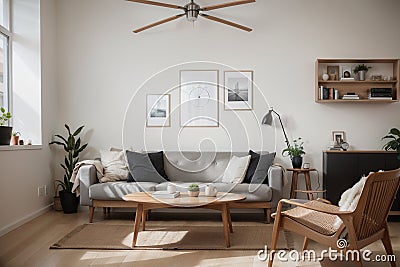 Two mock up posters frame on wall in modern interior background, living room. Books on cabinet. Scandinavian style. ing. Stock Photo