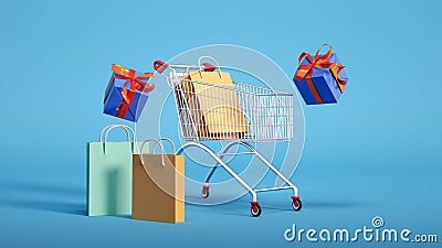showcasing a shopping cart with gift boxes,an isometric view, a blue backdrop, and floating objects, highlighting e-commerce Stock Photo