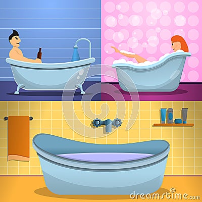 Shower bathtub banner set, cartoon style Vector Illustration