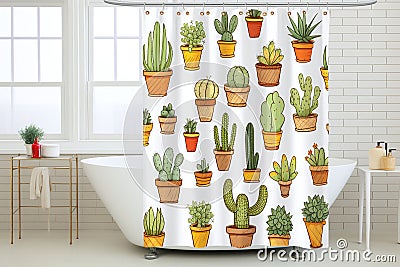 Shower and bathtub curtain with cactus print. Modern bathroom indoor interior design concept image Stock Photo