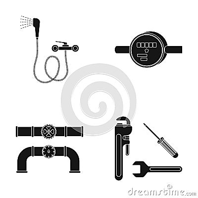 Shower, faucet, water meter and other equipment.Plumbing set collection icons in black style vector symbol stock Vector Illustration