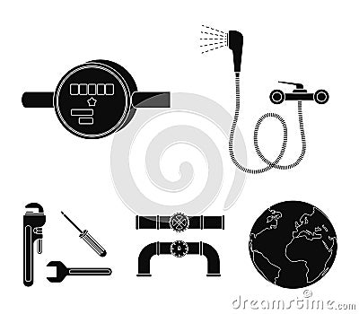 Shower, faucet, water meter and other equipment.Plumbing set collection icons in black style vector symbol stock Vector Illustration