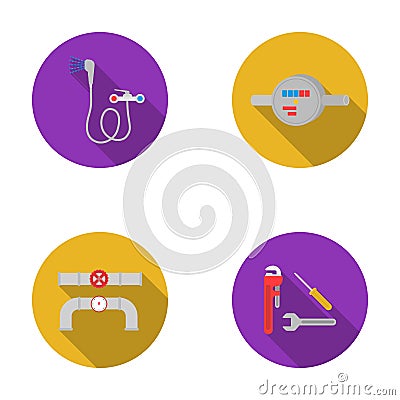 Shower, faucet, water meter and other equipment.Plumbing set collection icons in flat style vector symbol stock Vector Illustration