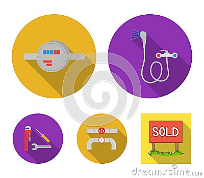 Shower, faucet, water meter and other equipment.Plumbing set collection icons in flat style vector symbol stock Vector Illustration