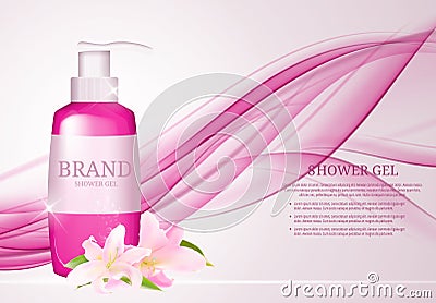 Shower Gel Bottle Template for Ads or Magazine Background. Vector Illustration