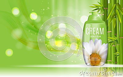 Shower Gel, Cream Bottle with Flowers Chamomile Template for Ads Vector Illustration