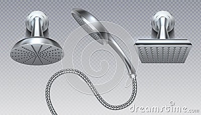 Shower metal heads. Realistic bathroom sprinkler on transparent background with water rain spray. Vector falling drops Vector Illustration