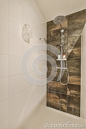 a bathroom with a shower and a wooden wall Stock Photo