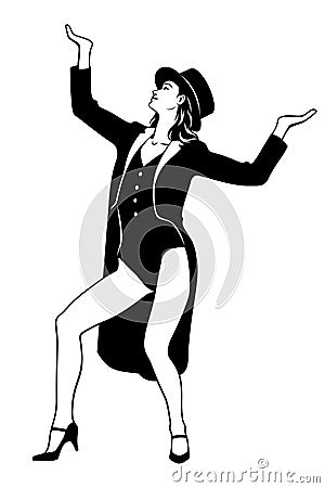 Showgirl Silhouette. Woman in tailcoat and hat dancing Vector Illustration