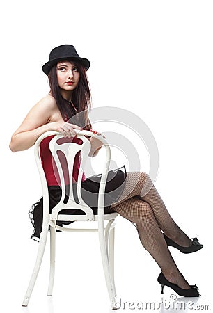 Showgirl woman dance in red corset isolated Stock Photo