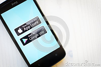 Showing app store and google play on htc smartphone screen Editorial Stock Photo