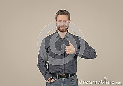 Showing approval or satisfaction. Happy man give thumbs up. Approval concept. Approved Stock Photo