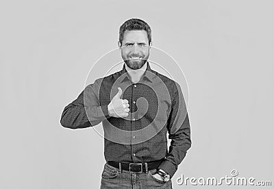 Showing approval or satisfaction. Happy man give thumbs up. Approval concept. Approved Stock Photo