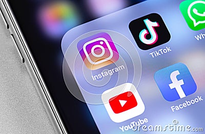 Showing popular social media icons of Instagram, TikTok, YouTube, Facebook apps Editorial Stock Photo