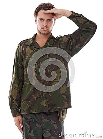 Showing respect to his superiors. Portrait of a serious young militant saluting against a white background. Stock Photo