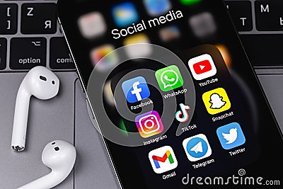 Showing social media apps Facebook, WhatsApp, YouTube, Instagram, TikTok, Snapchat, Gmail, Telegram, Twitter Editorial Stock Photo