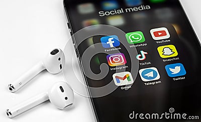 Showing social media apps Facebook, WhatsApp, YouTube, Instagram, TikTok, Snapchat, Gmail, Telegram, Twitter Editorial Stock Photo