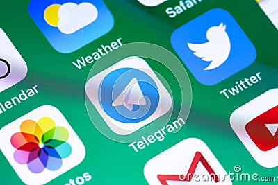 Showing social media icons apps Telegram Twitter Gmail Editorial Stock Photo