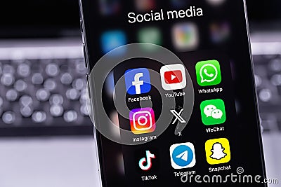 showing social media mobile apps (Facebook, YouTube, WhatsApp, Instagram, Twitter X, TikTok, Telegram, Snapchat) Editorial Stock Photo