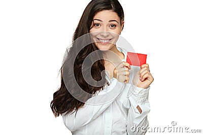 Showing woman presenting blank gift card sign Stock Photo