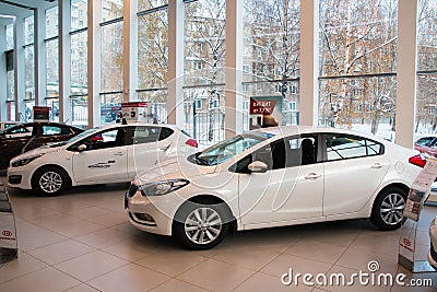 Showroom and car KIA of dealership KIA-Zentr Kirov in Kirov city Editorial Stock Photo