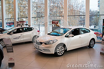 Showroom and car KIA of dealership KIA-Zentr Kirov in Kirov city Editorial Stock Photo