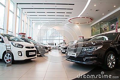 Showroom and car KIA of dealership KIA-Zentr Kirov in Kirov city Editorial Stock Photo