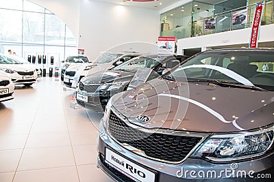 Showroom and car KIA of dealership KIA-Zentr Kirov in Kirov city Editorial Stock Photo