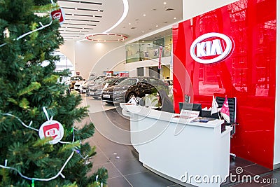 Showroom and car KIA of dealership KIA-Zentr Kirov in Kirov city Editorial Stock Photo