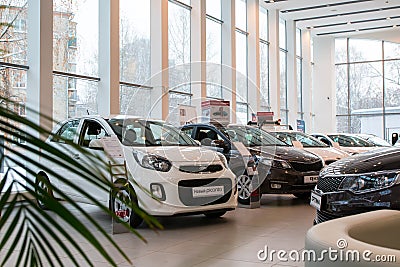 Showroom and car KIA of dealership KIA-Zentr Kirov in Kirov city Editorial Stock Photo