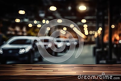 Showroom Elegance Empty Wooden Table Amidst Blurred Car Showroom with Bokeh Lights. created with Generative AI Stock Photo