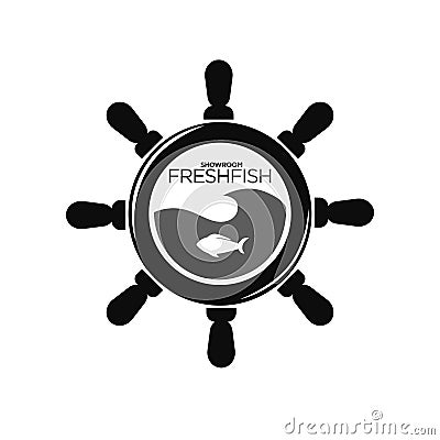 Showroom fresh fish emblem with steering wheel and fish Vector Illustration