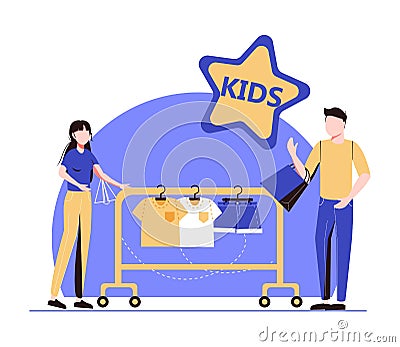 Showroom with kids clothes on hangers, designer and customers with shopping bags. Kids fashion, baby style showroom, kids clothes Cartoon Illustration
