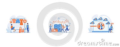 Showroom with kids clothes on hangers, designer and customers with shopping bags, Hip hop singer with microphone at music speaker Vector Illustration