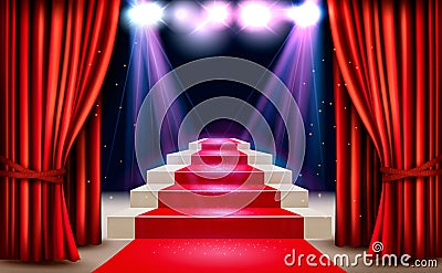 Showroom with red carpet leading to a podium and a spotlight. Vector Illustration