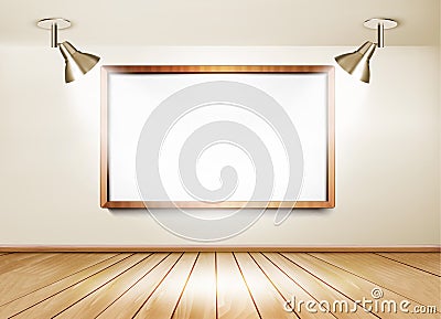 Showroom with wooden floor, white board and two lights. Vector Illustration