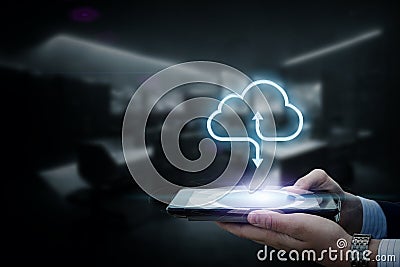 Shows cloud computing on virtual computer screen Stock Photo