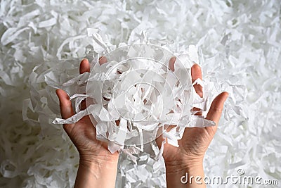 Shredded paper heap in hands, top view of many white strips Stock Photo