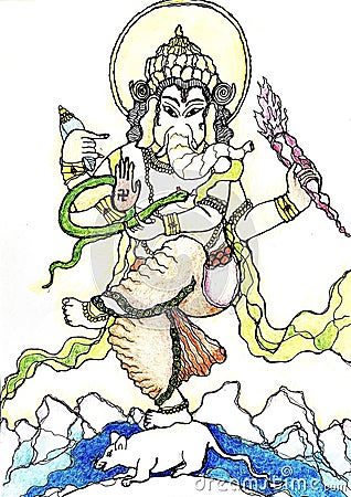 Shri Ganesha, God of Good Luck and Wisdom Cartoon Illustration