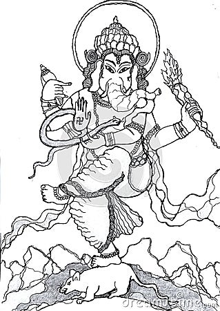 Shri Ganesha, God of Good Luck and Wisdom, monochrome Cartoon Illustration