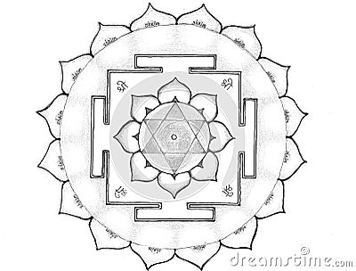 Shri Lakshmi yantra. hand drawing, colour. Breathable yantra, sacred diagram, monochrome Cartoon Illustration