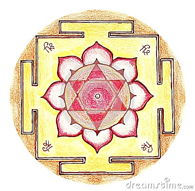 Shri Lakshmi yantra. hand drawing, colour. Breathable yantra, sacred diagram Cartoon Illustration