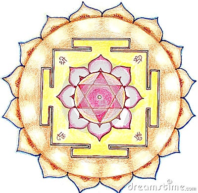 Shri Lakshmi yantra. hand drawing, colour. Breathable yantra, sacred diagram, white background Cartoon Illustration